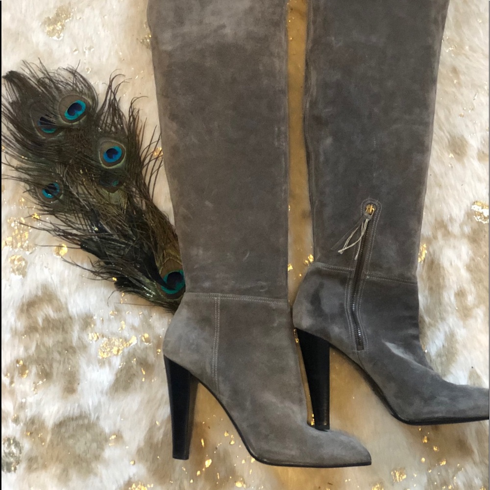 Miu Miu over the knee grey/taupe boots.